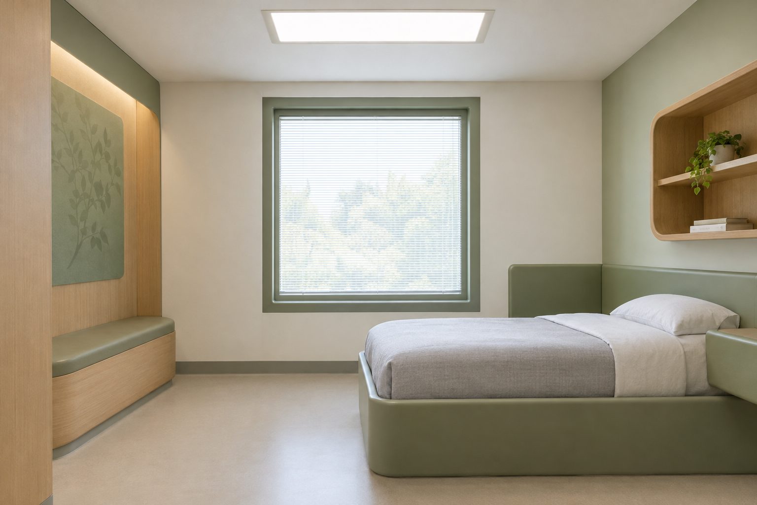Behavioral health patient room with flush recessed LED ceiling fixture