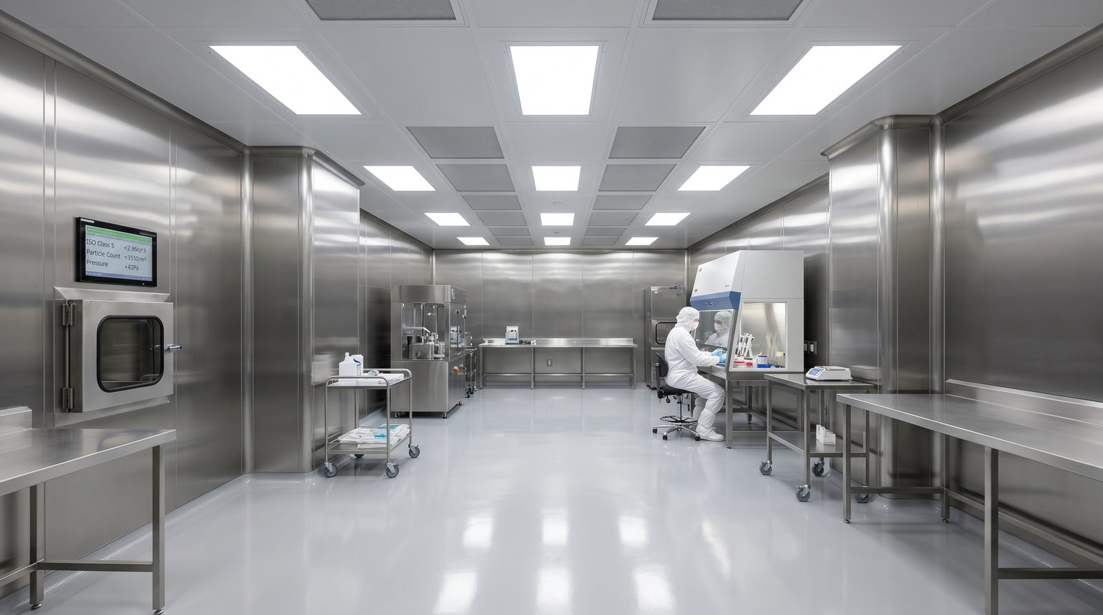 cleanLED IP66-rated cleanroom fixture installed in a pharmaceutical controlled environment