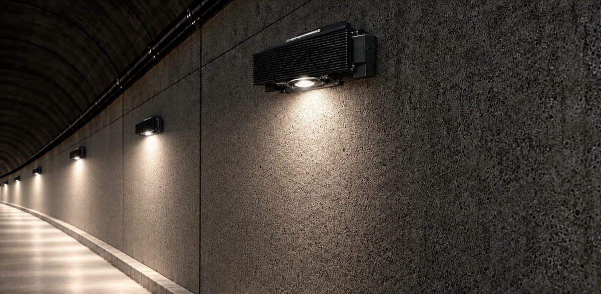 MTLx Pro tunnel fixture mounted on a concrete tunnel wall